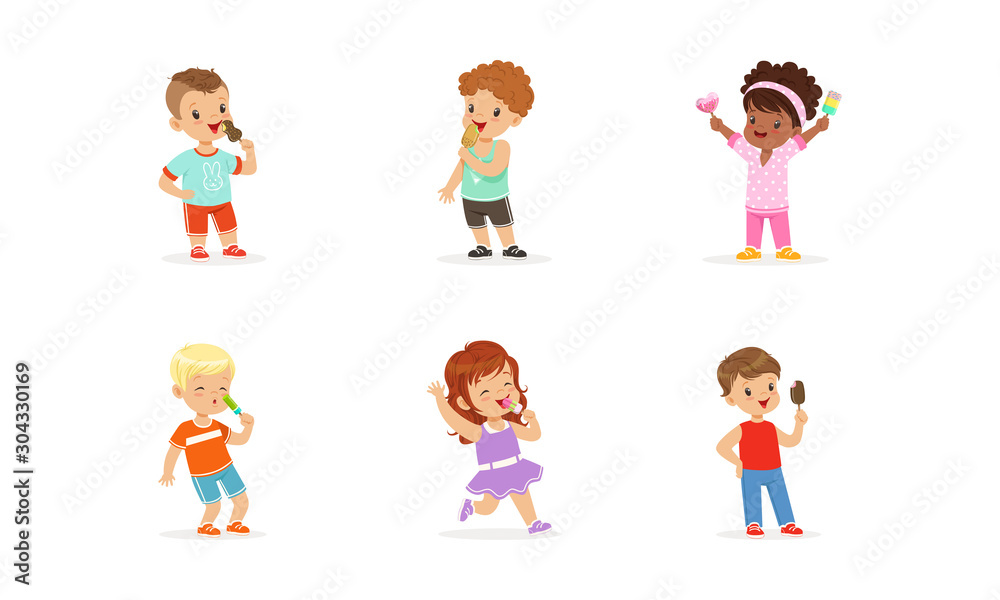 Little Kids Enjoying Eating Ice-cream Vector Set