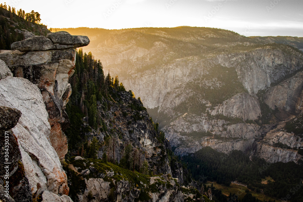 View from Glacier Point over Yosemite Village National Park, California. Photo shot just before sunset. 