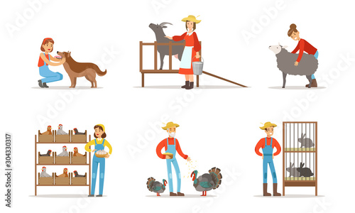 Man and Woman Farmers Taking Care About Domestic Animals on the Farm Vector Illustrations Set.