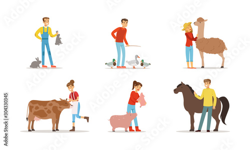 Man and Woman Farmers Taking Care About Domestic Animals on the Farm Vector Illustrations Set