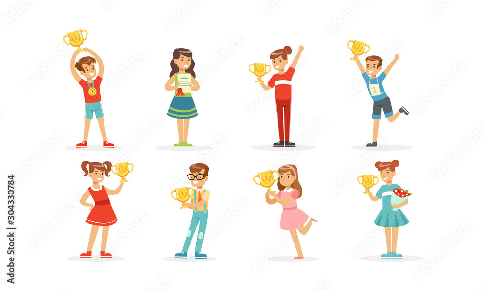 Children Standing and Holding Awards Vector Illustration