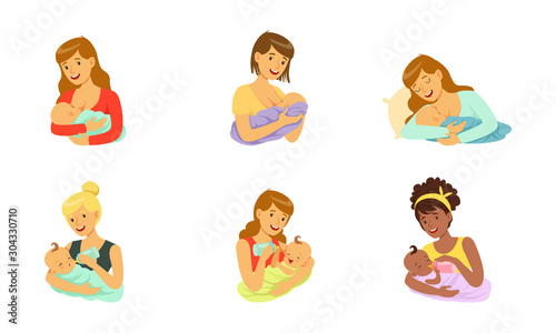 Mother Feeding Newborn Baby with Breast and Bottle Vector Set