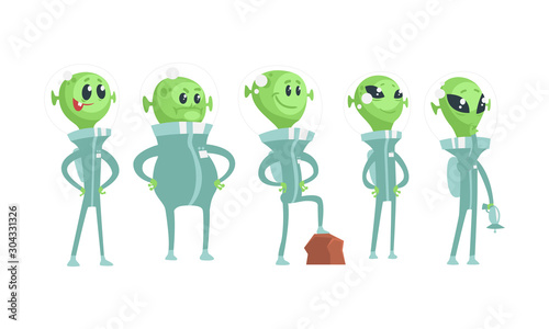Cartoon Alien Characters Wearing Space Costume Vector Set