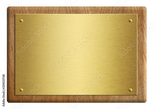 Wooden award plaque with gold plate 3d illustration isolated on white photo