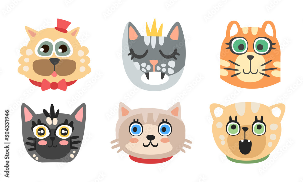Cute Cartoon Cats and Dogs Muzzle Vector Set