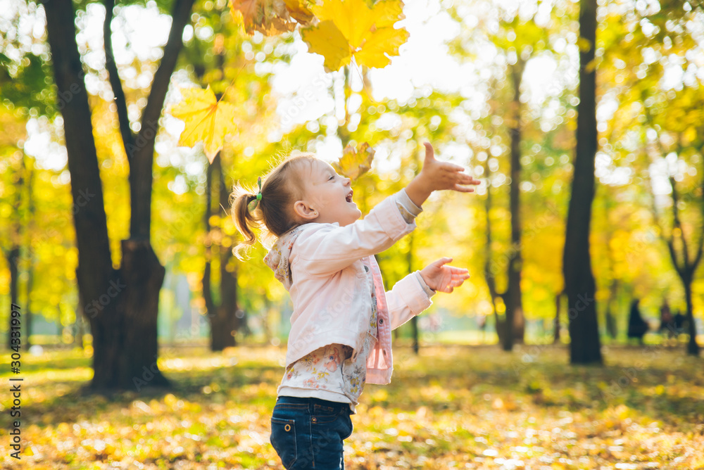 happy little toddler girl throw up maple leaves at autumn public city park happy little toddler girl throw up maple leaves at autumn public city park
