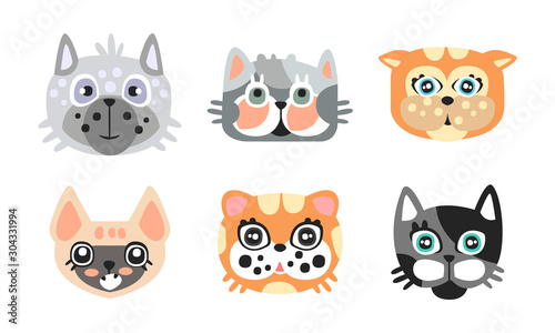 Cute Cartoon Cats and Dogs Muzzle Vector Set
