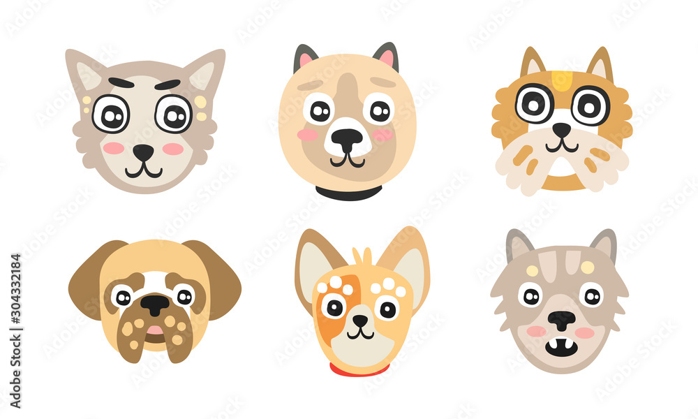 Cute Cartoon Cats and Dogs Muzzle Vector Set Cute Cartoon Cats and Dogs Muzzle Vector Set