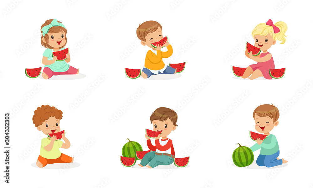 Little Kids Enjoying Eating Watermelon Vector Set Little Kids Enjoying Eating Watermelon Vector Set
