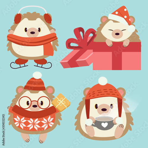 The character of cute hedgehog wear a accessory in christmas theme. The cute hedgehog wear glasses and  winter hat and scarf and sweater and holding a tea cup and giftbox on white background and snow.