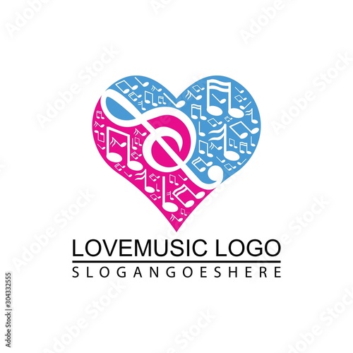 Music key and heart abstract logo and icon. Musical theme flat design template. Isolated on the white background