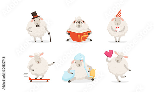 Cute Cartoon Sheep Vector Set. Farm Wooly Character Reading Book