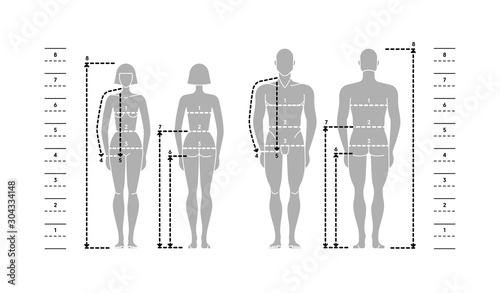Silhuettes of man and women in full length with measurement lines of body parameters.