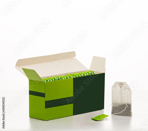 Box with tea. Tea bags