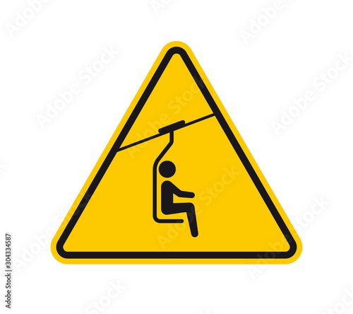 Vector yellow triangle sign - black silhouette chair lift. Isolated on white background.