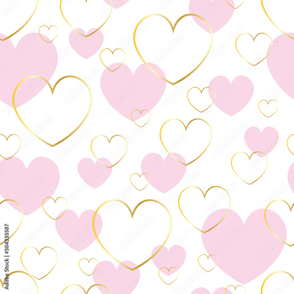 Seamless pattern with heart shapes in pink and gold on white background Seamless pattern with heart shapes in pink and gold on white background