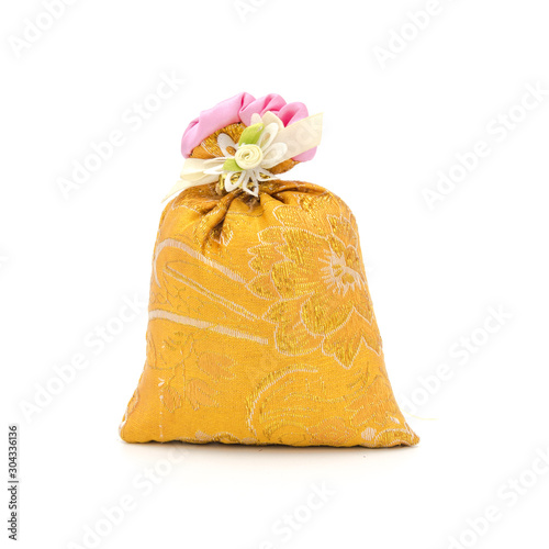 Chinese silk vanilla bag with white background isolation