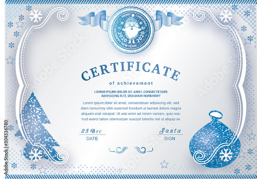 Christmas white certificate with Santa Claus. Winter frozen background for New Year congratulations