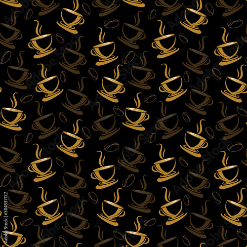 Seamless pattern with coffee cups and beans on black background