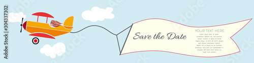 Flying Propel Plane Pulling a Blank Long Banner Strip for advertisement. Vector flat design, empty template for business,  promotion and marketing