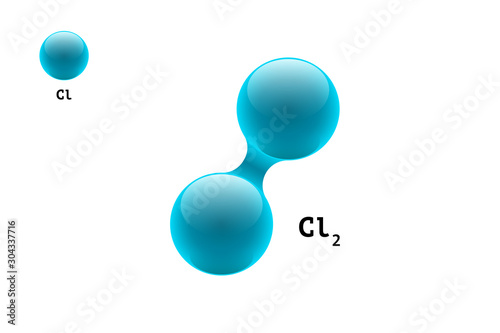 Chemistry model molecule diatomic chlorine CL2 scientific element formula. Integrated particles inorganic gas 3d molecular structure. Two volume atom combination vector spheres photo