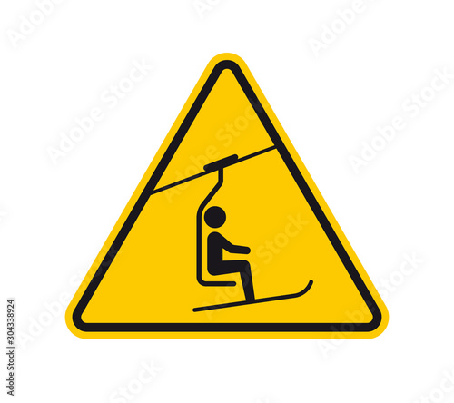 Vector yellow triangle sign - black silhouette chair lift. Isolated on white background.