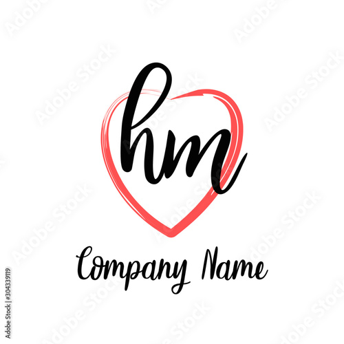 HM initial handwriting in a love brush-shaped template