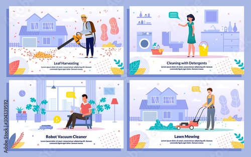 House Cleaning Works Flat Vector Banners Set