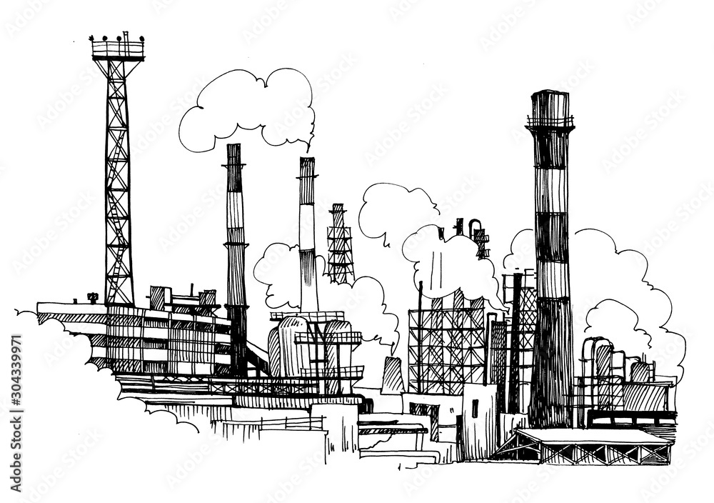 Fototapeta premium Chemical plant, the production of polymers, hand-drawn sketch