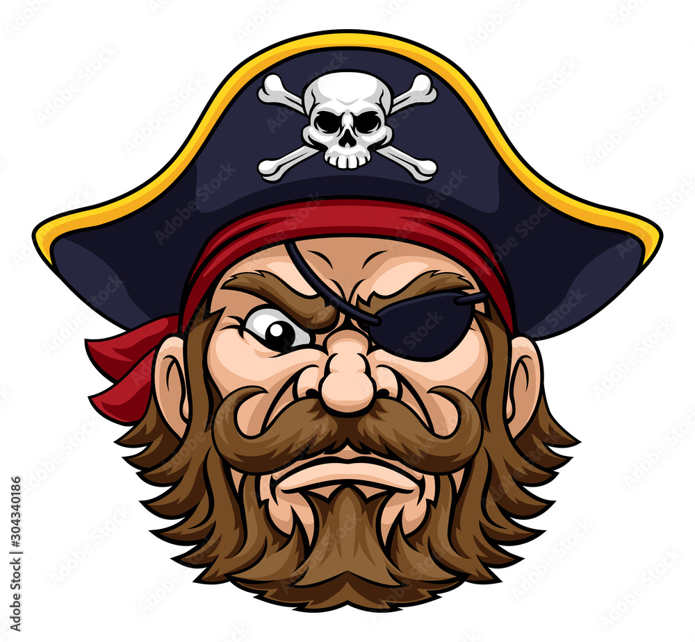 A pirate cartoon character captain mascot face with skull and crossed bones  on his tricorne hat Stock Vector | Adobe Stock
