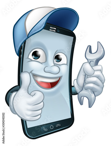 A mobile phone repair service or perhaps plumber or mechanic app cartoon character mascot holding spanner and giving a thumbs up.