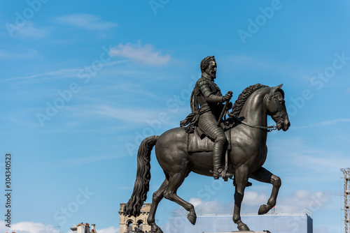 Equestrian statue King Henri IV in Paris, epithet Good King Henry, was King of Navarre (as Henry III) from 1572 and King of France from 1589 to 1610 © zz3701