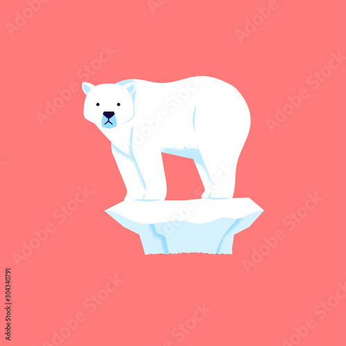 polar bear stands and looks sadly because the ice is melting