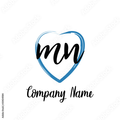 MN initial handwriting in a love brush-shaped template