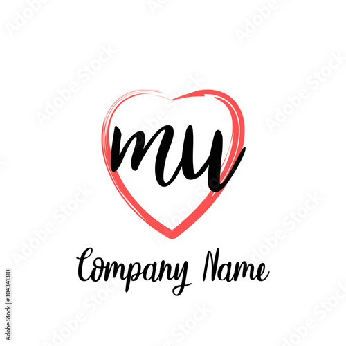 MU initial handwriting in a love brush-shaped template