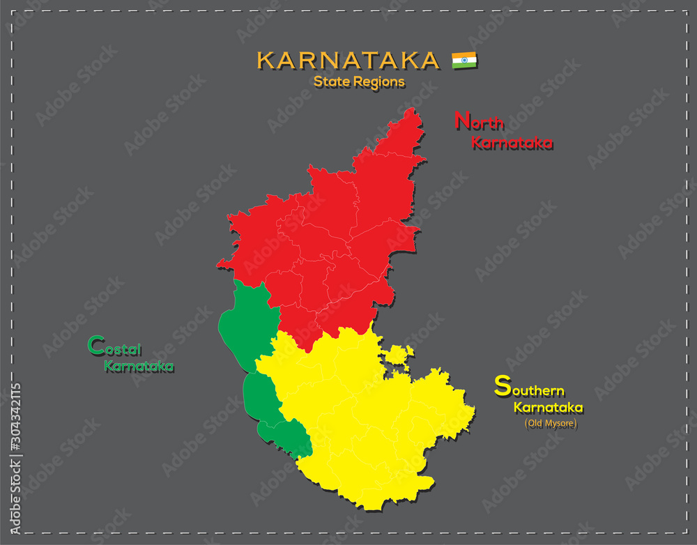 Karnataka Map With North South East West Karnataka Region Map South North And Coastal Karnataka Map Stock  Illustration | Adobe Stock