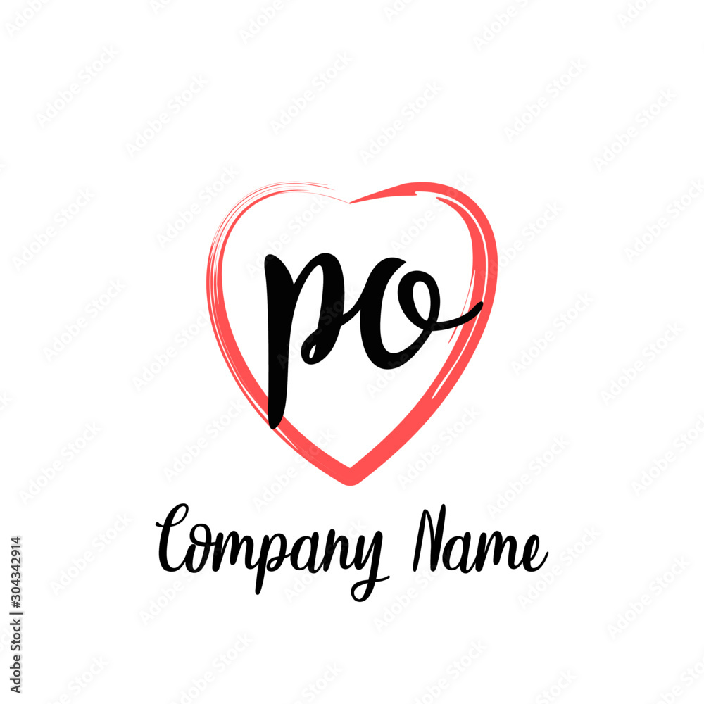 PO initial handwriting in a love brush-shaped template