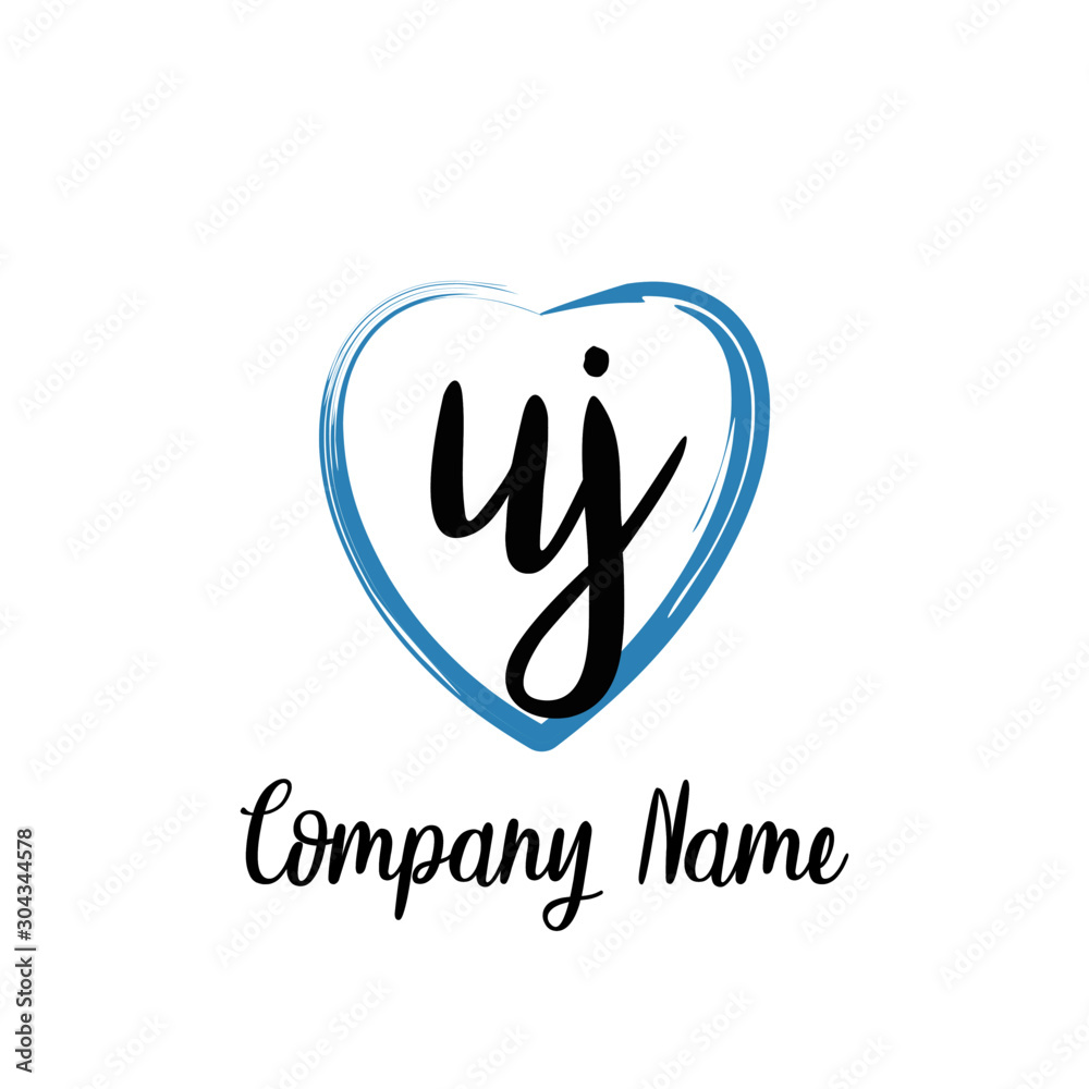 Fototapeta premium UJ initial handwriting in a love brush-shaped template