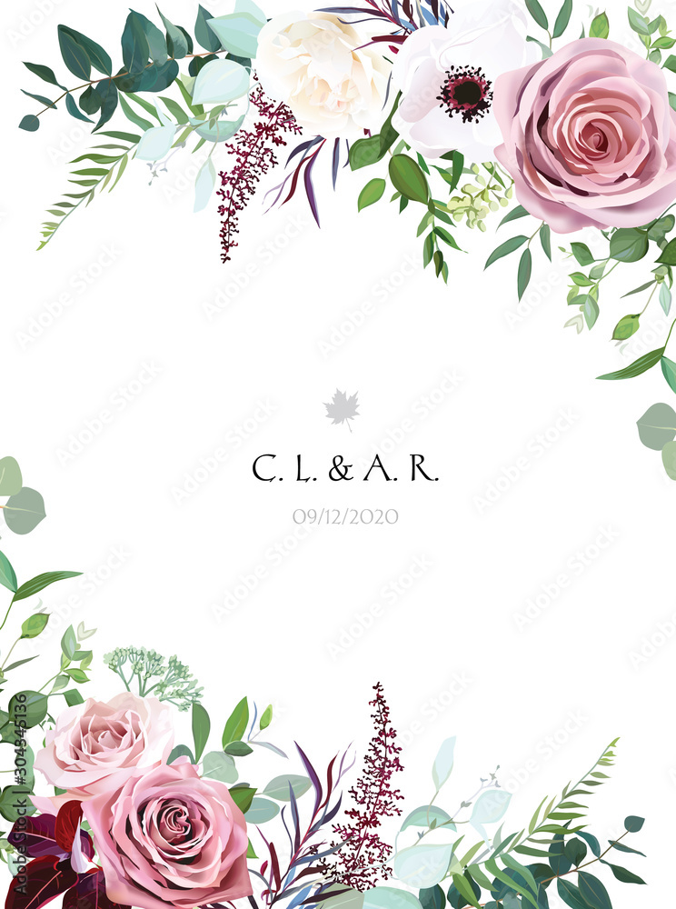 Dusty pink, cream rose, pale flowers, white anemone vertical botanical  vector design banner Stock Vector | Adobe Stock