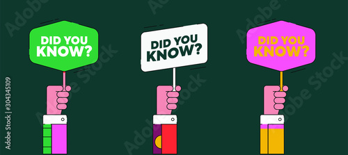 Hands and Banner or sicker with phrase did you know. Interesting fact label. Helpful template for ask or quiz. Pink and green question