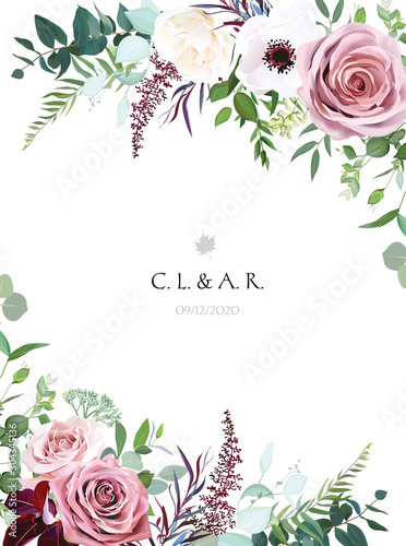 Dusty pink, cream rose, pale flowers, white anemone vertical botanical vector design banner