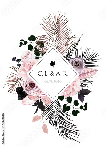 Black and dusty pink flowers glamour vector design square frame