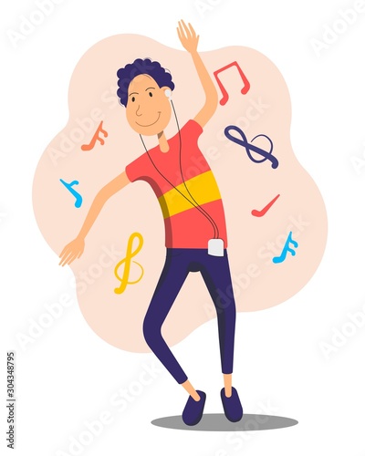 Young man is listening to music on phone. Guy with headphones in jeans and sweatshirt browsing song on phone.Geek is looking at mobile phone,listen to music and smiling.Vector illustration,flat style.