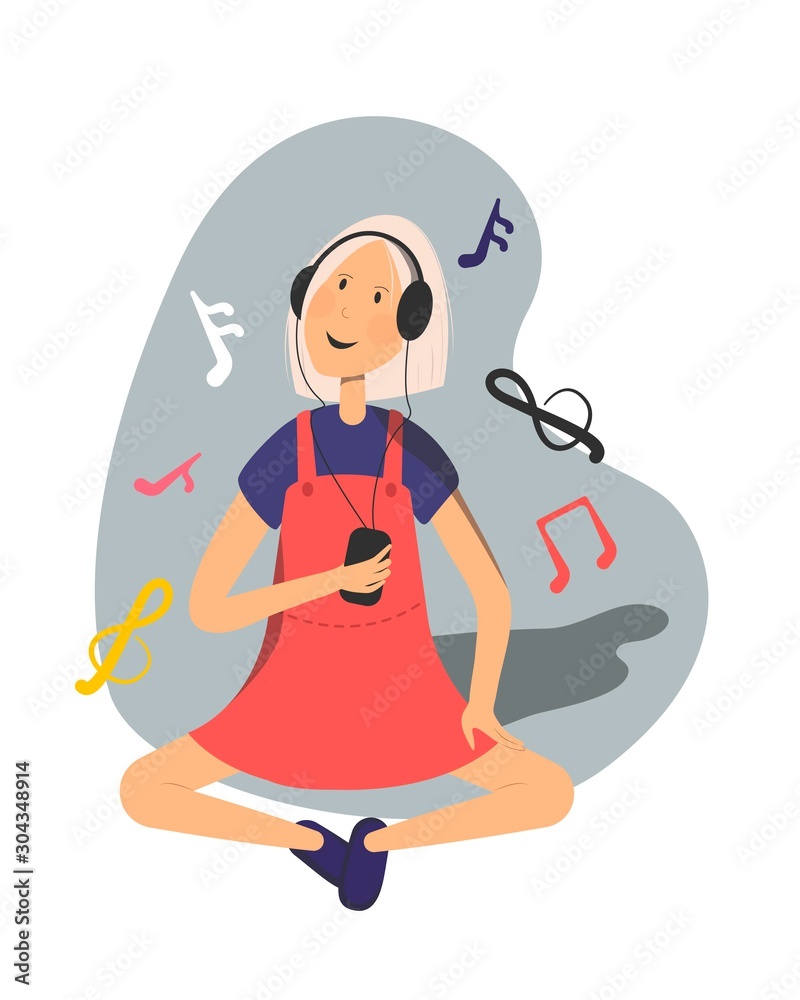 Cute woman with headphones sitting cross-legged and listening to music. She looking at playlist from smartphone. Music symbols included. Vector flat illustration. Cute woman with headphones sitting cross-legged and listening to music. She looking at playlist from smartphone. Music symbols included. Vector flat illustration.