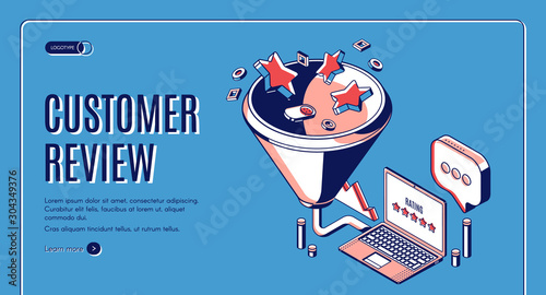 Customer review isometric landing page. Feedback and rating stars falling into huge funnel and displaying on laptop screen. Clients satisfaction best result 3d vector line art illustration, web banner