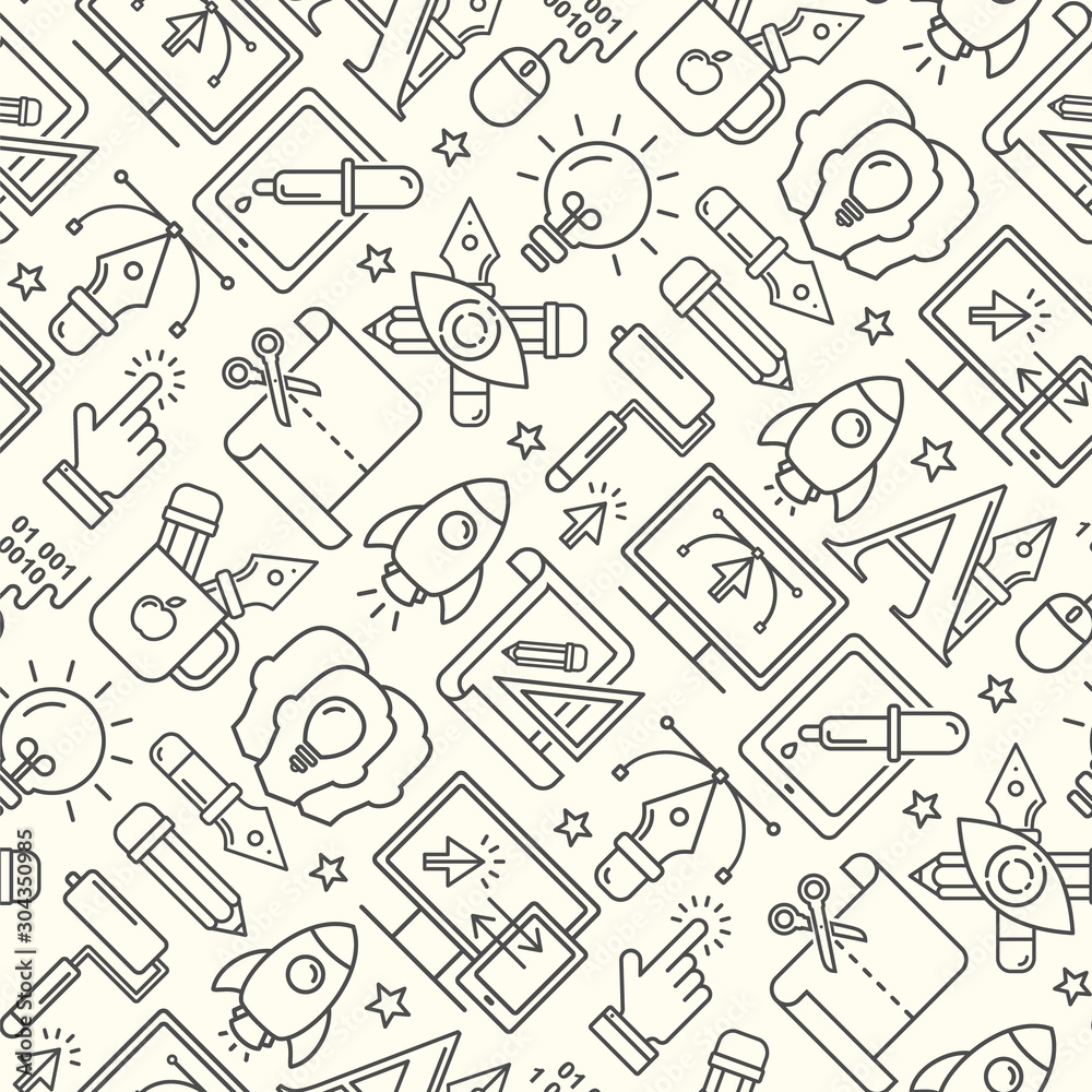 Vector graphic design seamless pattern with grey linear icons. Line ...