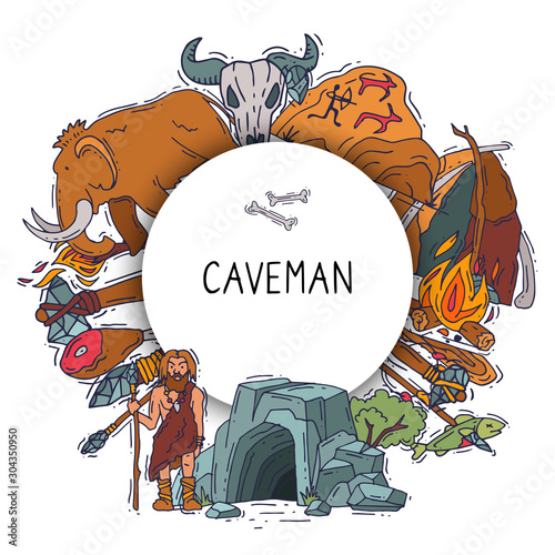 Ancient man set, stone age cartoon caveman vector illustration. Historic primitive dweller, anciently stoneage human. Cave, mammoth and neanderthal