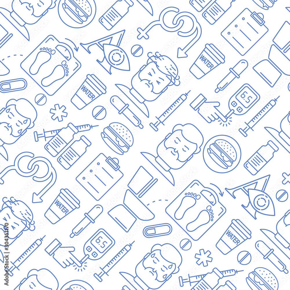 Diabetes symptoms and control vector line style seamless background. Frequent urination, blurry vision, sexual problems, high blood sugar, hungry, linear illustration. Diabetic blue icons on white. Diabetes symptoms and control vector line style seamless background. Frequent urination, blurry vision, sexual problems, high blood sugar, hungry, linear illustration. Diabetic blue icons on white.