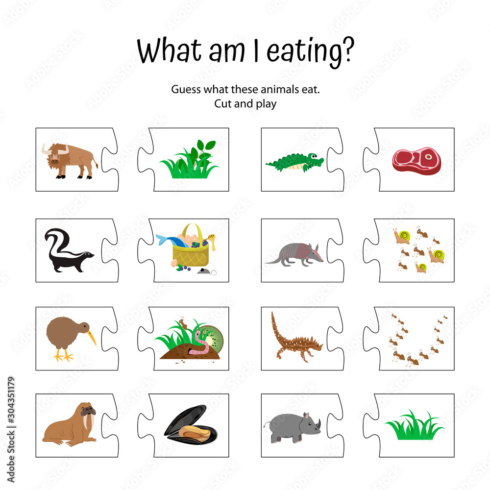 What am I eating? Animal food puzzle game for children. Zoo education of  preschoolers. activity for kids. Logical quiz worksheet Stock Vector |  Adobe Stock