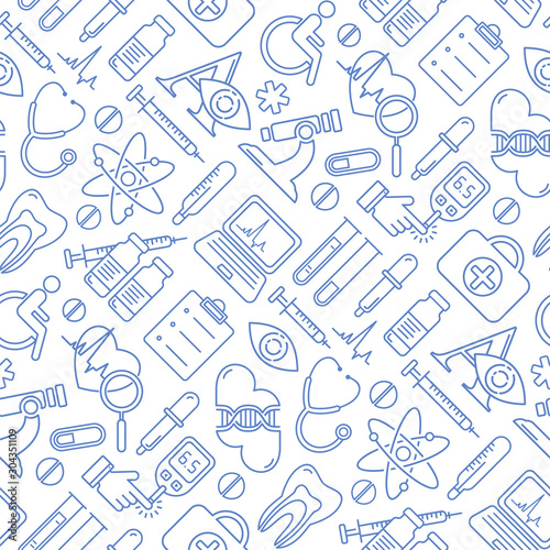 Fototapeta Naklejka Na Ścianę i Meble -  Vector medicine and health design seamless pattern with modern linear icons. Medical background contains line style symbols.